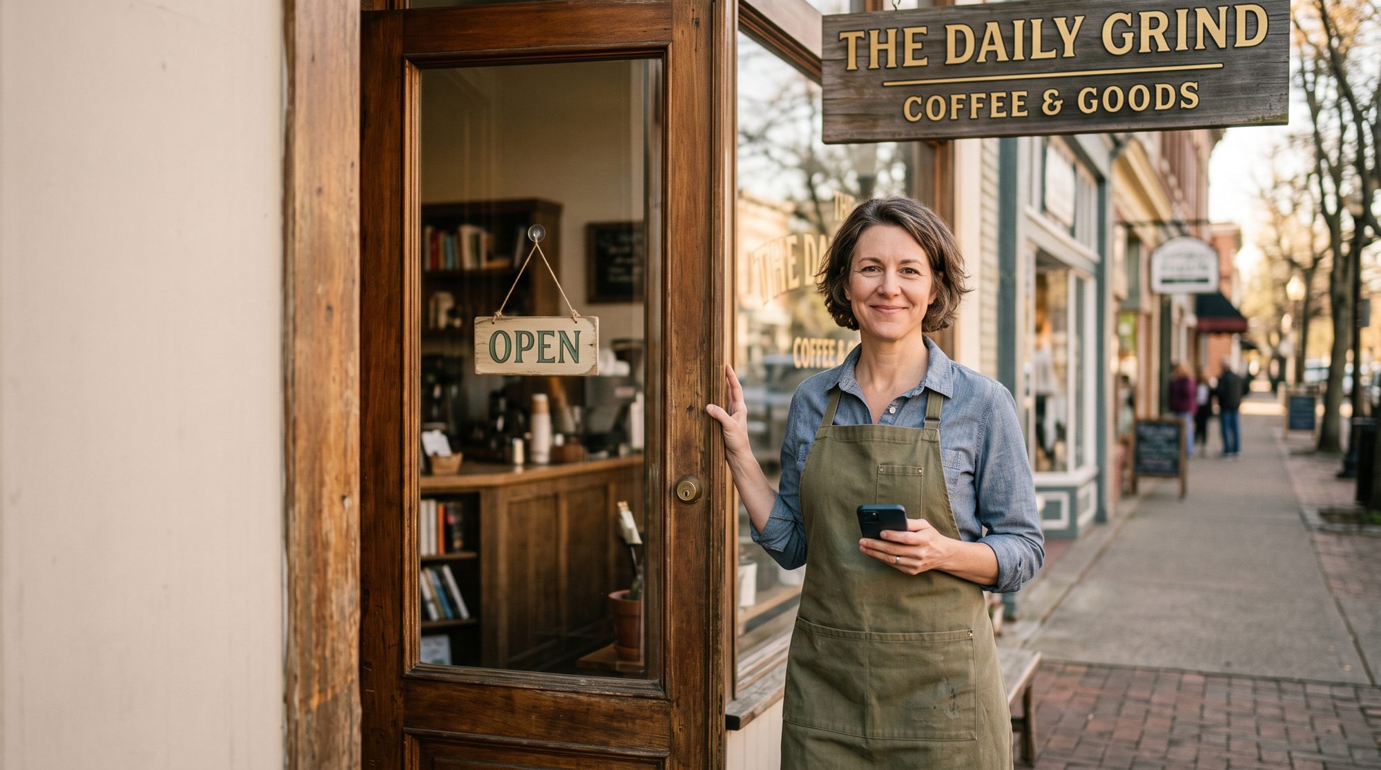 A friendly local shop owner standing in the doorway of her store