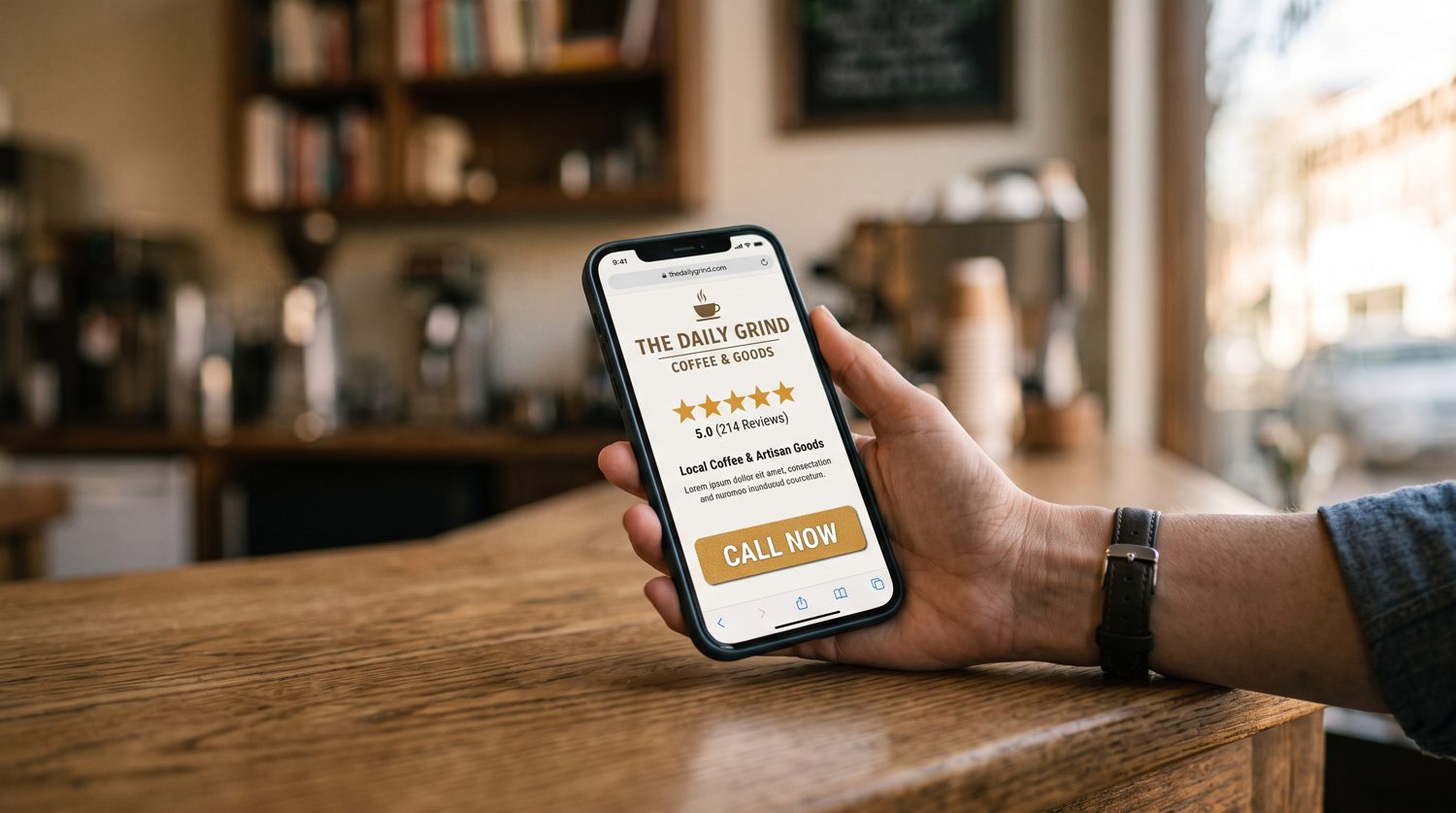 A phone showing a clean local business website with reviews and a call button
